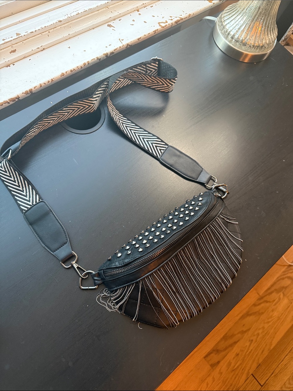 Black Fringe Crossbody Bag with Studded Detail - Picture 3 of 11